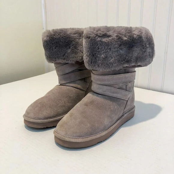 LAMO Leather Suede Sheepskin Round Toe Cream Tan High Winter Boots Women's - Picture 9 of 9